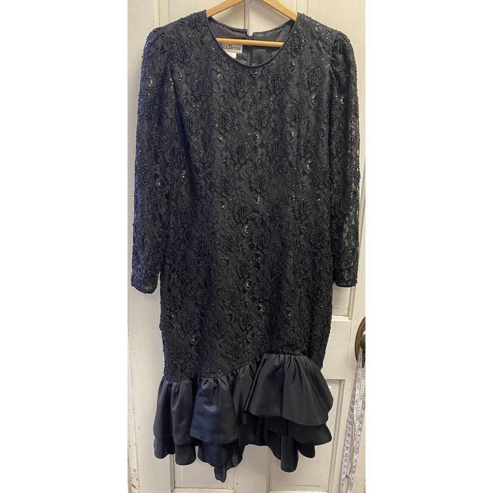Vintage Jack Bryan Black Beaded Ruffled Dress Below Knee Length Long Sleeve 18